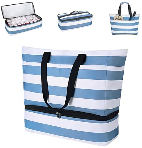 LCSHENGMIN Strandväska XXL familj med kylfack 50 x 29 x 49 cm stor strandväska strandväska med våtfack vikbar vattentät strandväska resor fitness blåvit randig L