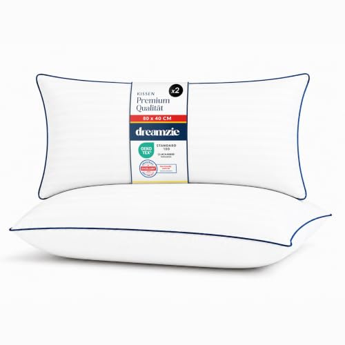Dreamzie Almohada 40x80cm Juego de 2, Confort Hotel de Lujo - Cojines Cama Mullida, Cojin Suave - Almohadas Lavables, para Todas Las Posiciones al Dormir - Oeko-Tex