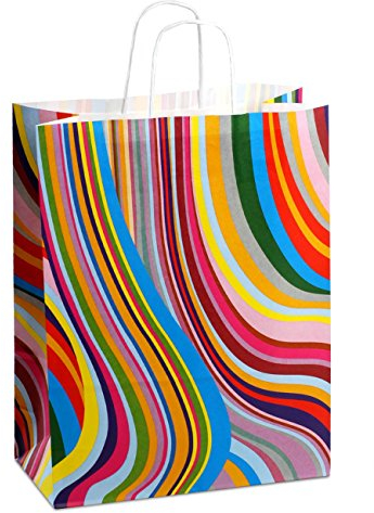 150 x Papiertüten 32+14x42 cm mit Motiv: Seventies | stabile Geschenktaschen für Handel, Mitbringsel, Geburtstag | Papiertaschen aus Kraftpapier| HUTNER