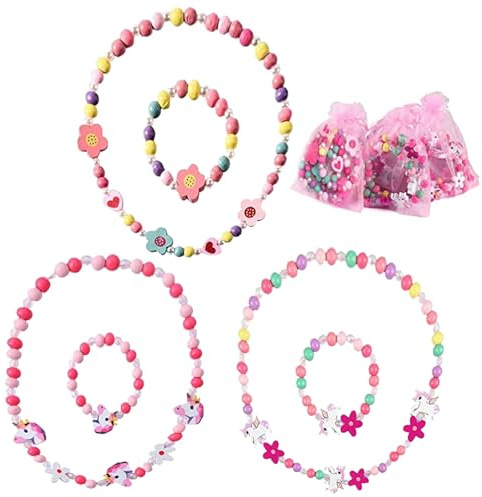 JOKILY Lot de 6 Bijoux en Bois pour Enfant - Collier et Bracelets Licorne - Chaîne pour Fille - Costume de Princesse, Plastique, Perle