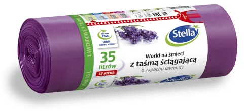 STELLA 009893 - Sacchetti per la spazzatura con cordino, 35 l, 15 pezzi, profumo di lavanda, sacchetti per la spazzatura domestica, per ufficio, in pellicola LDPE, prodotto in granulato, colore: