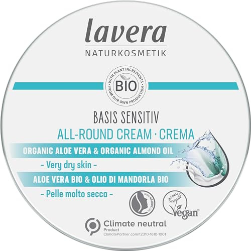 lavera basis sensitiv Allround Creme - Naturkosmetik - vegan - Bio Aloe Vera & Bio Mandelöl - zertifiziert - 150 ml, weiß