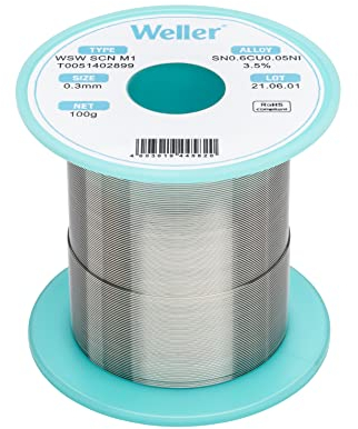 Weller WSW SCN M1 (T0051402899) Fil De Soudage Sans Plomb, Ø 0,3mm, Alliage Sn99.3Cu0.7, Teneur De L'écoulement 3,5% 100g