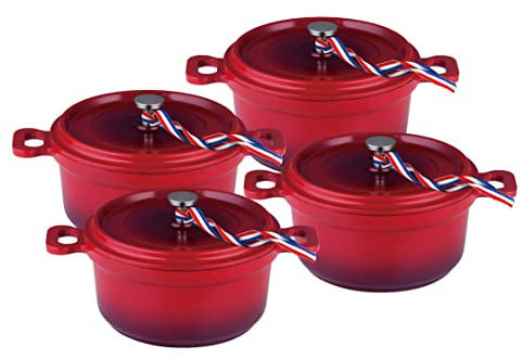 KAMBERG Set di 4 Mini Cocotte, Diametro 12 cm Rotonde Rosso Fiamma, Fusione di Alluminio, Rivestimento Effetto Pietra, Incluso Quello a Induzione, Senza PFOA