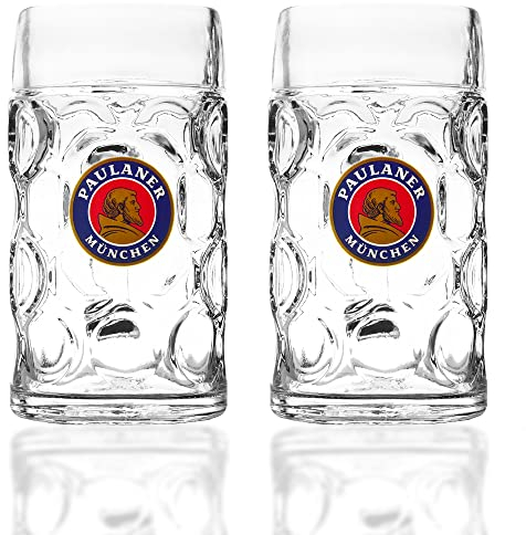 2 Stück Original Paulaner Maßkrüge Maßkrug Maß Bier Krug Gläser-Set mit Logo, 1l, transparent