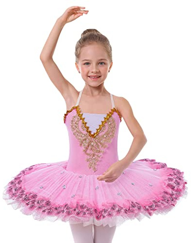 IBAKOM Girls Ballet Dance Dress Swan Lake Sling Strap Lace Pearl Embroidery Camisole Gymnastic Leotard Tutu Costume Figure Skating Dancewear Ballerina Outfit Light Pink 7-8 Years