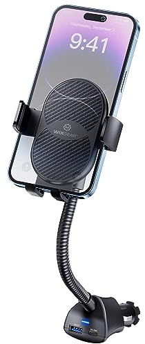 WixGear Telefonhållare för cigarettändare, 360° roterande bilfäste med dubbel USB-laddningsport, justerbar svanhalk, biltelefonhållare cigarettändarfäste, passar de flesta mobiltelefoner