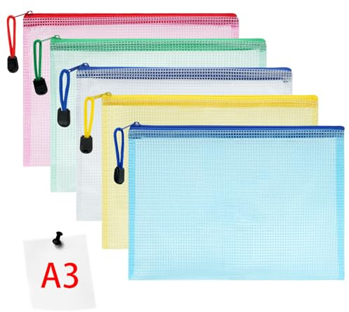 Vicloon Bolsa de Archivo de Cremallera,5 Pcs A3 Bolsa de Documentos Multicolor de Malla Bolsa de Archivo Bolsas de Cremallera de Almacenamiento para Cosméticos Suministros de Oficina Accesorios