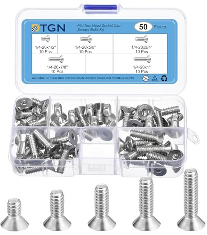 DTGN 50 st 1/4-20 x 1/2 tum / 5/8 tum /3/4 tum /7/8 tum / 1 tum Cylindrisk Head Skruv Kit Hexagon Infälld Platt Bult, 304 Rostfritt Stål, Full Gänga, Försänkta Skruvar