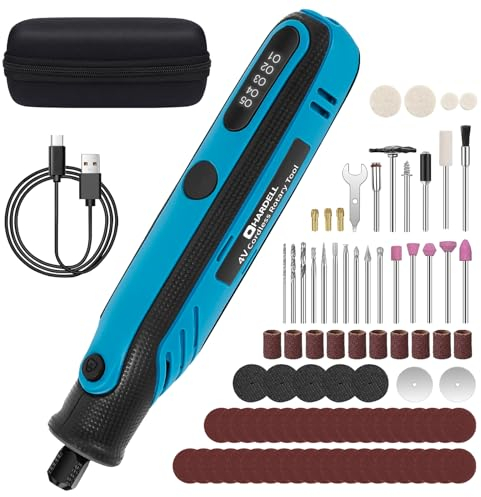 HARDELL 4V Outils Rotatif Multifonction avec Affichage Numérique, 5 Vitesses Réglables Outil Rotatif sans fil Avec 69 Accessoires pour Gravure, Perçage, Meulage, Polissage, Découpe, Bricolage (Bleu)