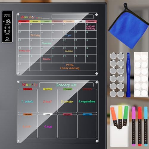 Calendario magnetico per frigorifero, lavagna pianificazione pasti, cancellabile a secco, mensile, settimanale, 6 pennarelli colorati