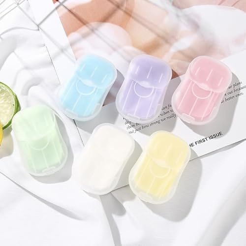 WsjiaboFux 50 hojas de jabón portátiles, mini hojas de papel de jabón portátiles desechables solubles en agua para lavar las manos, papel perfumado para exteriores, camping, senderismo, cuidado