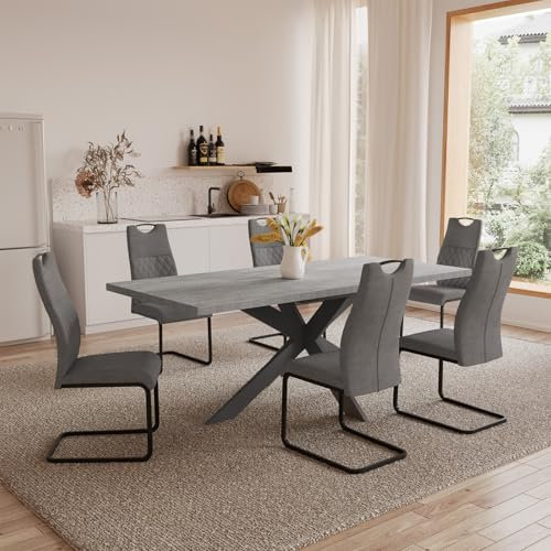jiexi Essgruppen Für 4-6 Personen, Esstisch Ausziehbar, Moderner Grauer MDF-Holztisch, Geeignet Für Wohnzimmer, Küche, Versammlungen Mit Vielen Personen(130-170cm Tisch + 6 graue Stühle)