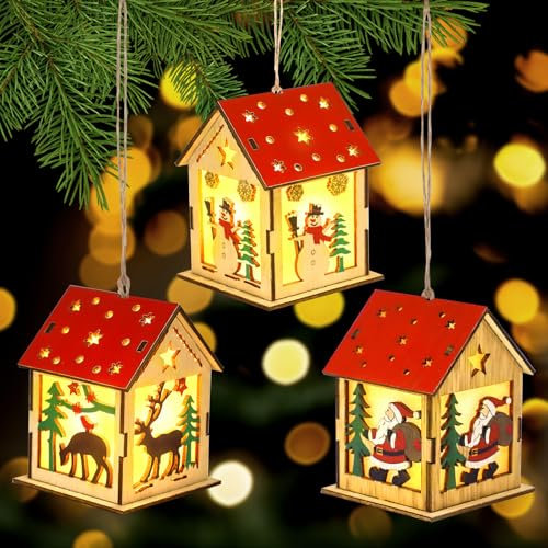 Sosayet Weihnachtsbaumschmuck Holz - 3 Stück Weihnachtshaus Beleuchtet - Christbaumschmuck Holz mit LED Licht - Weihnachtsdorf-Häuser Anhänger für Weihnachtsdeko