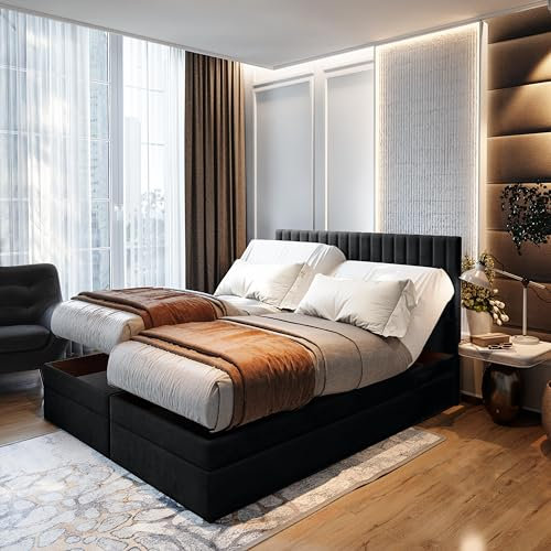 TRADA Boxspringbett ADÈLE 200 x 200 cm – elektrische Bett mit Matratze + Tooper und Bettkasten - Stoffbezug Veloursstoff - Schwarz - 200 x 200 cm