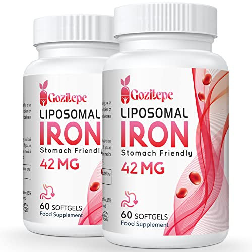 Liposomal Iron Supplement (as Ferrous Sulfate) with Folic Acid 400mcg and Vitamin B12 10mcg, Increase Iron Levels for Adults, Superior Absorbed and Stomach Friendly (60 Count (Pack of 2))