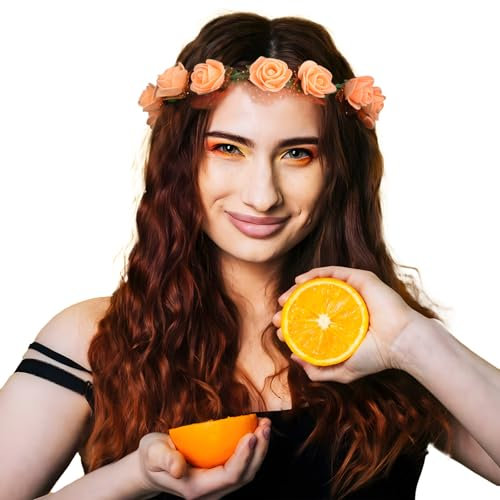 BOOMTOP 2pcs Blumenkranz Haare Orange Blumen Haarreif Damen Karneval Kostüm Orange Schaumstoff Blumen Stirnband Rosen Braut Blumenkrone Hochzeit Fasching Kopfschmuck 80er 90er Outfit Accessoires