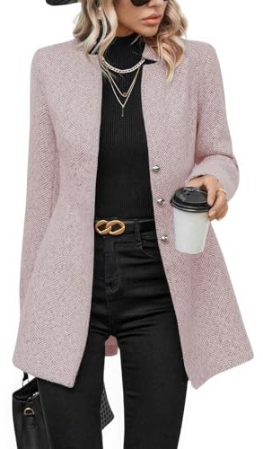 ebossy Women's Casual Business Herringbone Wool Blend Blazer Jacket Notched Collar Button Down Slim Long Sleeve Dress Coat (XXL, Pink)