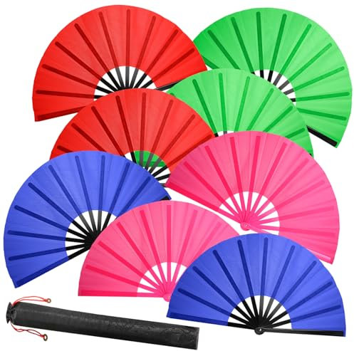 ATTRACME 8 PCS Large Folding Fans Set for Line Dance & Popping, Boots on The Ground Hand Fans with Fan Sleeves, Chinese Kung Fu Fan for Line Dancing for Men Women - Royal Blue, Rose Red, Green, Red