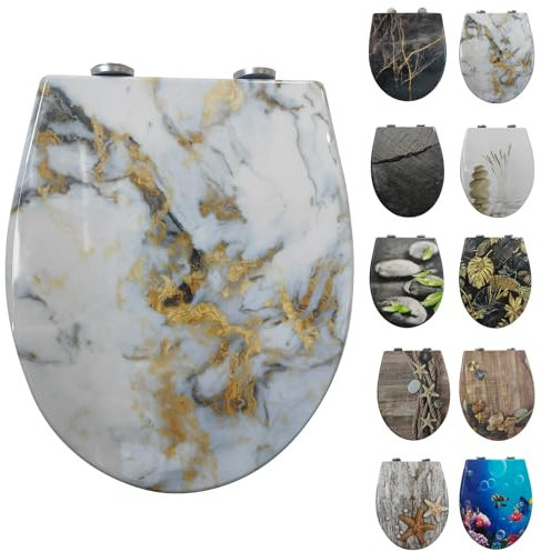 Toilettendeckel mit Absenkautomatik, WC Sitz mit Absenkautomatik Oval Form klodeckel Einfache Reinigung, Abnehmbarer WC-Sitz, 150kg belastbar, einfache Montage – Motiv: Weißer Marmor