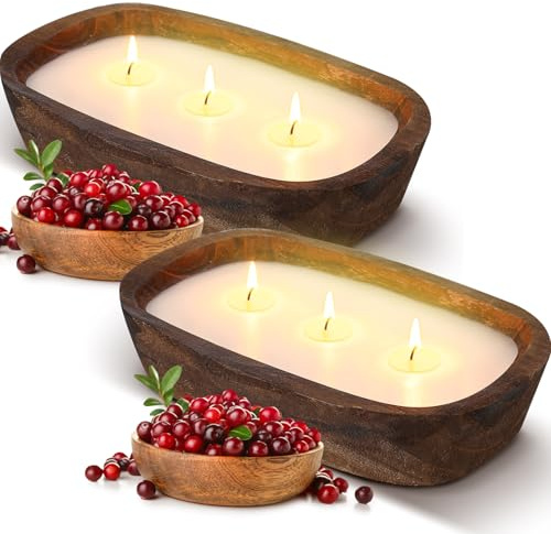 Threlaco 2 Pack Wood Dough Bowl Candle Jar Candle Decorative with Wick Scented Candles Soy Gifts for Men Women Farmhouse Table Centerpiece Home(Cranberry)