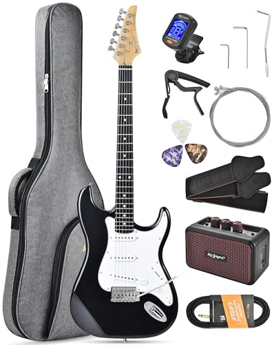 Leo Jaymz Beginner Electric Guitar 39” Kit with Portable Amplifier, Padded Gig Bag, Digital Tuner,Capo,Strap,Picks,Classic SSS Pickups(Black-SSS)