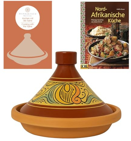 Marockansk Tajine kruka för matlagning | Grytgryta glaserad Chaouen Ø 30 cm 4–5 personer | inklusive recept och bruksanvisningar | Original lerkruka handtorkad från Marocko