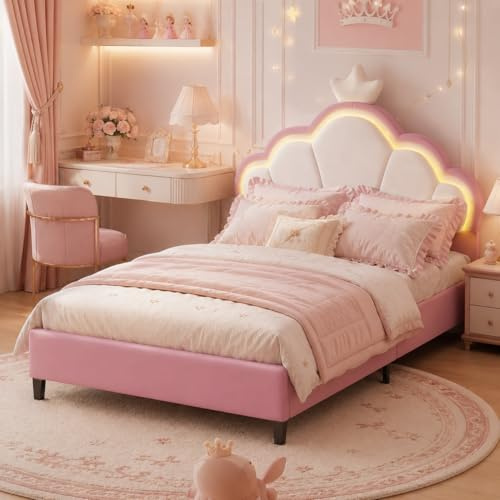 4ft6 Double Upholstered Bed with LED, Girls Bed Princess Bed 135x190 cm with Adjustable Headboard, Double Platform Bed with Wooden Slatted Frame, Youth Guest Bed for Adults Teenagers, Velvet, Pink