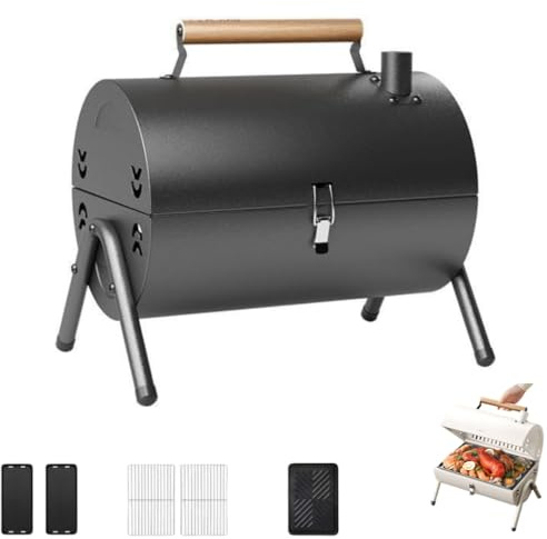OUTMX Portable Tabletop Charcoal Grill with Smoker Function – Compact Lightweight BBQ for Camping, Picnics, Garden, Balcony & Beach(Black)