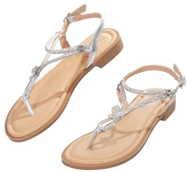JOMIX Sandalias Planas Mujer Cómodas Sandalia de Verano con Dedos Separados Ligeras y Elegantes con Adornos de Pedrería para Paseo Playa Viaje (Plateado,38)
