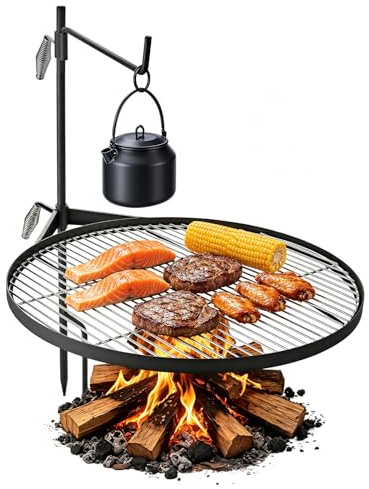 VEVOR Heavy Duty Swivel Campfire Grill, 24.4 Round Portable Camping Grill Grate, Sturdy Steel BBQ Mesh, 360° Height Adjustable Over Fire Pit with Support Rod, for Outdoor Open Flame Cooking, Black