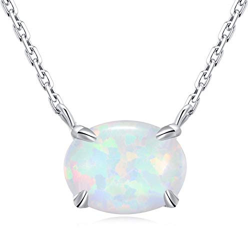 Ellena Rose Sterling Silver Opal Necklace, 925 Sterling Silver & 14K White Gold Plating, October Birthstone Pendant, Small Oval Opal Jewelry for Women, Gemstone Jewelry, Simple Pendant (White Gold)
