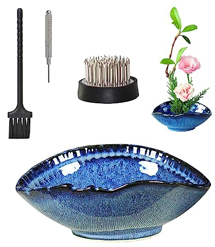 WANDIC Blumenvase, Blaue, unregelmäßige ovale Form, Ikebana-Vasen mit 3,5 cm Mini-Frosch, für Ikebana-Blumenarrangement, Kunst, Heimdekoration