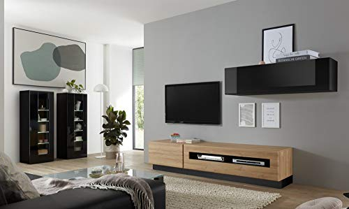 Wohnkombination Ruby IX schwarz/Grandson Oak hell Dekor 380x190x38-48cm Wohnzimmermöbel Anbauwand TV-Wand TV-Element Wohnzimmerschrank Stauraum Größe ohne Beleuchtung