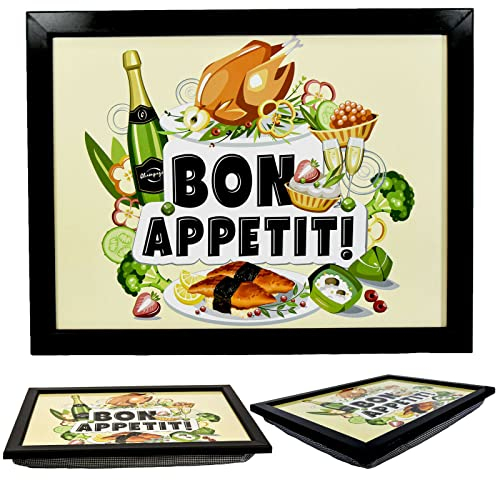 MTS Wooden Lap Trays with Bean Bag Cushion - Bon Appetit Design - Large Padded Tray for Adults - Suitable for Food, Work, Art, Studies, TV, Sofa, Bed - Great for Food Lovers