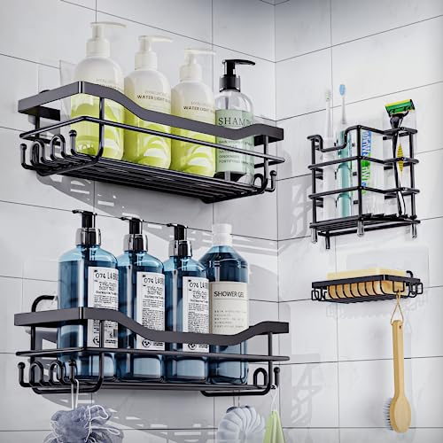 QQJOYCCI 5 Pack Shower Caddies Bathroom Shelf,No Drilling Adhesive Bathroom Storage Organizer,304 Stainless Steel Rustproof Shower Rack for Bathroom Organizer/Shower Organizer/Kitchen