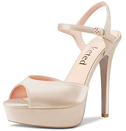 Saekcted Donna Alto High Tacco Heel Piattaforma Sandali Cinturino alla Caviglia Aperte sulla Punta 13 CM Heels da Matrimonio Feste Sexy Romani Scarpe Beige Raso 37 EU
