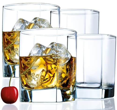 Square Drinking Whiskey Glasses Set of 4, Old Fashioned Glass Cup Bar Set, Stemless Everyday Rocks Whisky Glass Best Present for Men, Scotch, Bourbon, Vodka, Wine, Cocktail, Liquor, Tequila, Smoothie