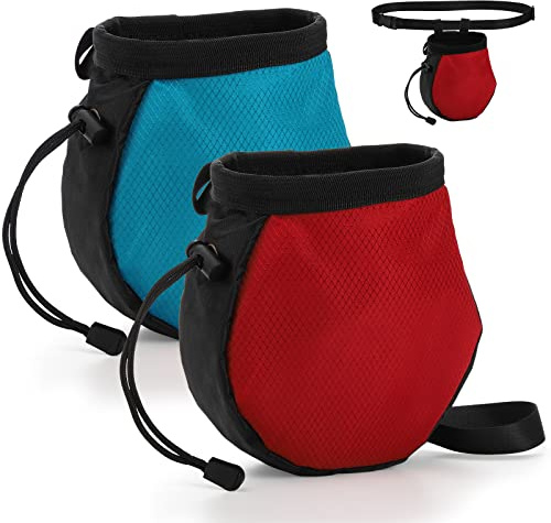 ZENFUN 2 Pack Climbing Chalk Bags, Bouldering Chalk Bag with Adjustable Belt and Zippered Pockets, Drawstring Rock Climbing Bag Bucket for Climbing, Weightlifting and Gymnastic(Red, Blue)