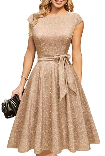 DRESSTELLS Cocktail Dresses for Women Formal Wedding Guest Sequin Sparkly Tea Party Prom Aline Gala Gown and Evening Dress Glitter Gold Champagne 2XL