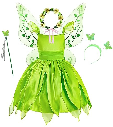 YOSICIL Robe de la princesse Tiana pour fillette Clochette Enfants avec ailes de papillon Baguette magique Bandeau à cheveux Carnaval Cosplay Robe Fête d'anniversaire,verte,140