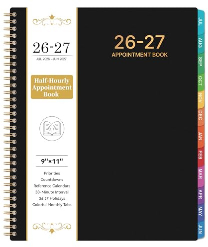 Appointment Book 2026-2027 - Planner 2026-2027, 9 x 11, July 2026 - June 2027, Daily Hourly Planner with 30-Minute Interval, Weekly & Monthly, Colorful Monthly Tabs, Inner Pocket - Black