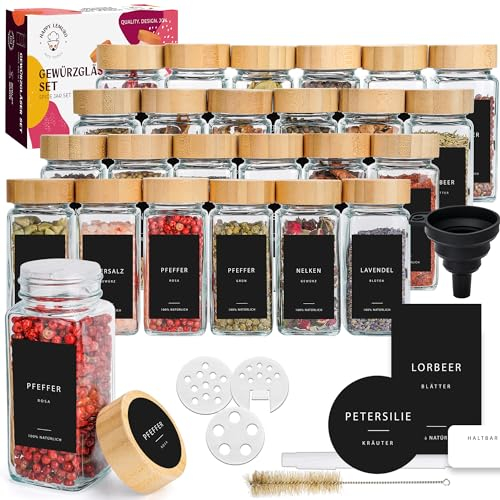 Happy Lemuro Lot de 24 pots à épices carrés avec bac à saupoudrer [24 x 120 ml] 303 étiquettes en allemand | Récipients à épices avec couvercles en bambou