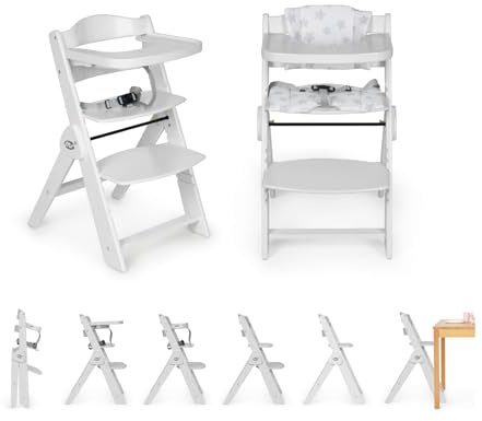 Ms BabyWorld - Chaise Haute Full PLIANTE en bois | Évolutive | Réglable en hauteur | Repose-pieds | Plateau Amovible | Convertible et Sécurisée | Harnais à 5 Points | Style Nordique