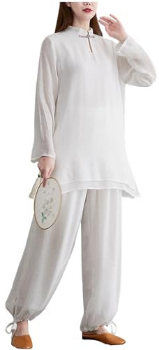 DAYKET Damen-Kampfsportanzug, Baumwollleinen, Tai-Chi-Uniform, Kung-Fu-Anzüge für Damen-Morgenübungen,White-XXL