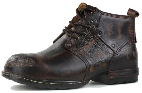 OSSTONE Scratch Black Metal Toe Design för extra stöttålighet, motorcykelstövlar för män, fotled, promenad, mode, snörning, läder, Chukka, stövlar OS-6015-3-A-R, Retro brun, 47 EU