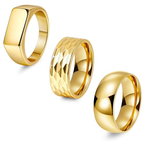 REVOLIA 3Pcs Stainless Steel Rings for Men 8MM Hammered Wedding Ring Set Square Signet Rings Pinky Silver Ring Simple Mens Band Rings Gold/Black/Silver Size 7-13 Gold-9