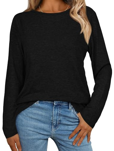 florynova Womens Long Sleeve Tops Round Neck Casual Shirts Loose Basic Tees Simple Solid Color Tunic Blouse(Black,L)