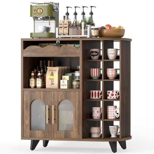VINCOURNA Küchenschrank, Kaffeeschrank mit Tassenhalter, Kommode mit Türen, Buffetschrank mit Schubladen, Sideboard für Wohnzimmer, Barmöbel, Kaffeebar Möbel, Küchenvitrine, Tassenständer (40x80x91cm)