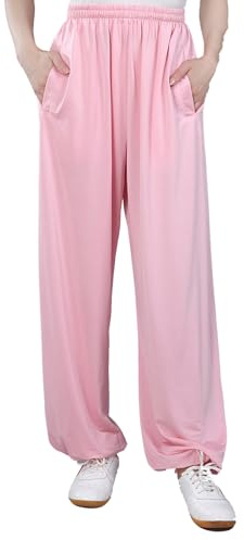 Martial Arts Trousers Men Black/White Tai Chi Pants Women Ice Silk Kung Fu Trousers With Pocket Wu Shu Yoga Karate Pants Casual(Size:M,Color:Pink)